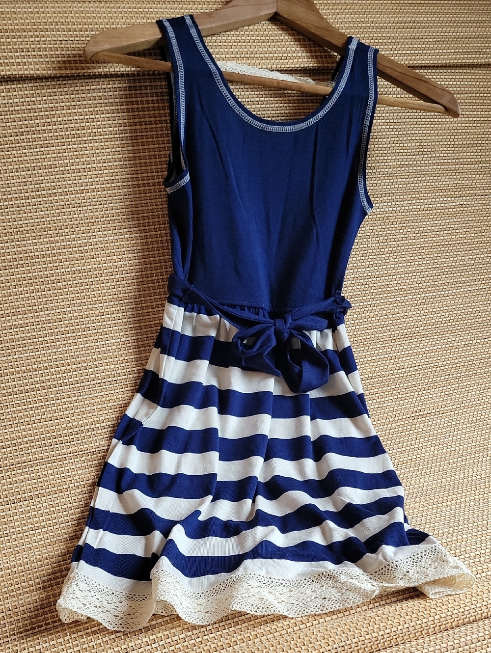 Paper Doll Navy & White Striped Tank Kids Dress with Waist Tie